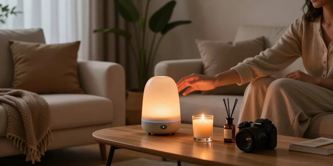 Scented Candles and Diffusers creating a cozy atmosphere in a stylish living room with warm candlelight.