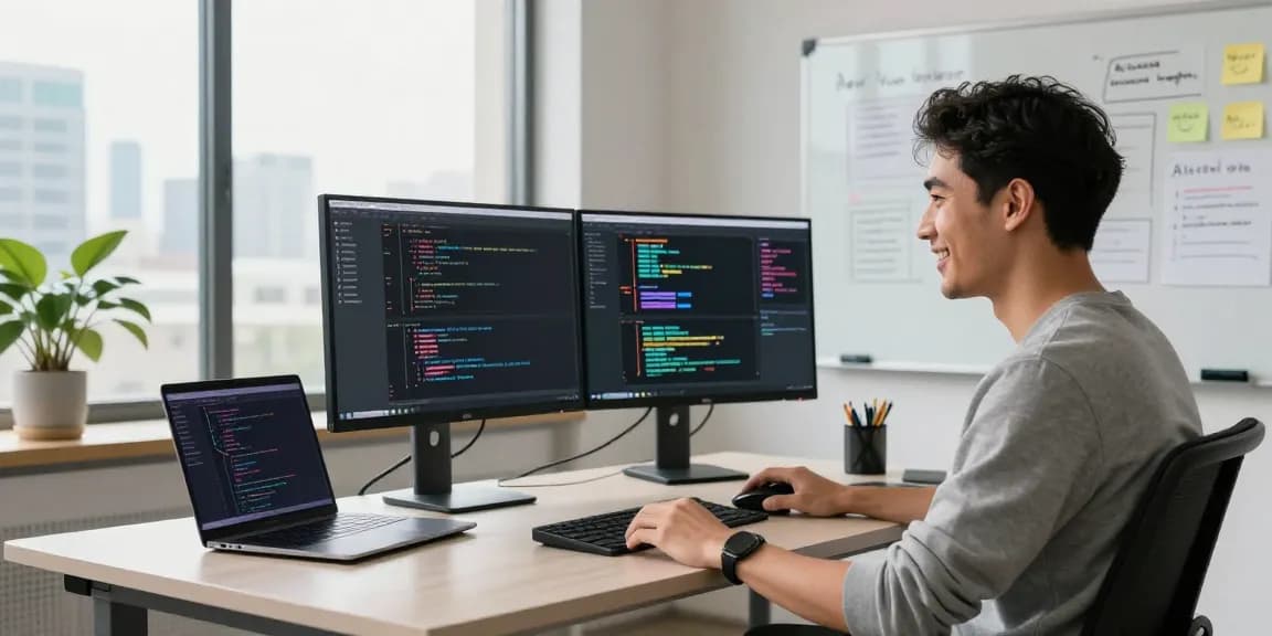 Software engineer developing an AI chatbot in a modern office filled with natural light.