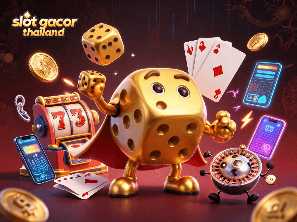 Experience the excitement of slot gacor thailand in this vibrant 3D illustration showcasing golden dice and cryptocurrency elements.