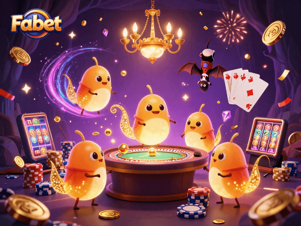 Experience Fabet's excitement in a vibrant 3D casino scene filled with glowing characters and dynamic game elements.