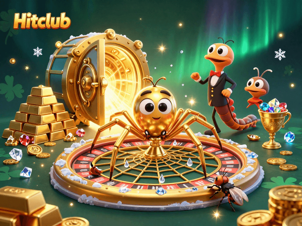 Hitclub's golden spider spins a roulette wheel web as a fly bets in this vibrant casino scene.
