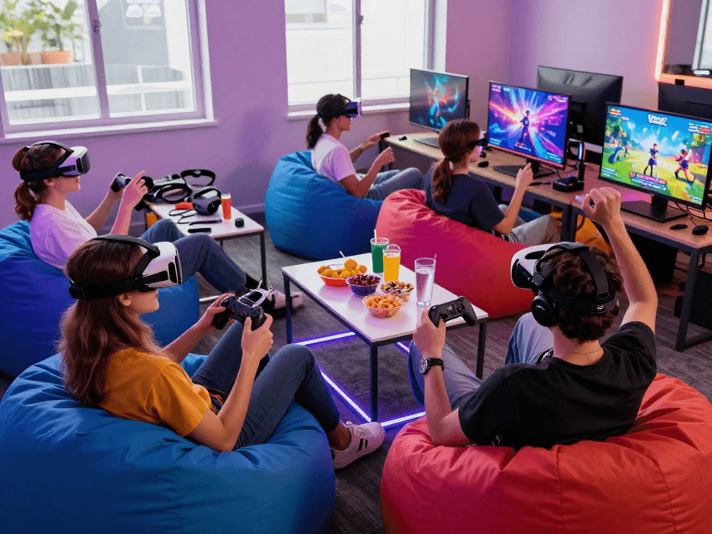 Engaged gamers enjoying porngames in a vibrant lounge atmosphere.