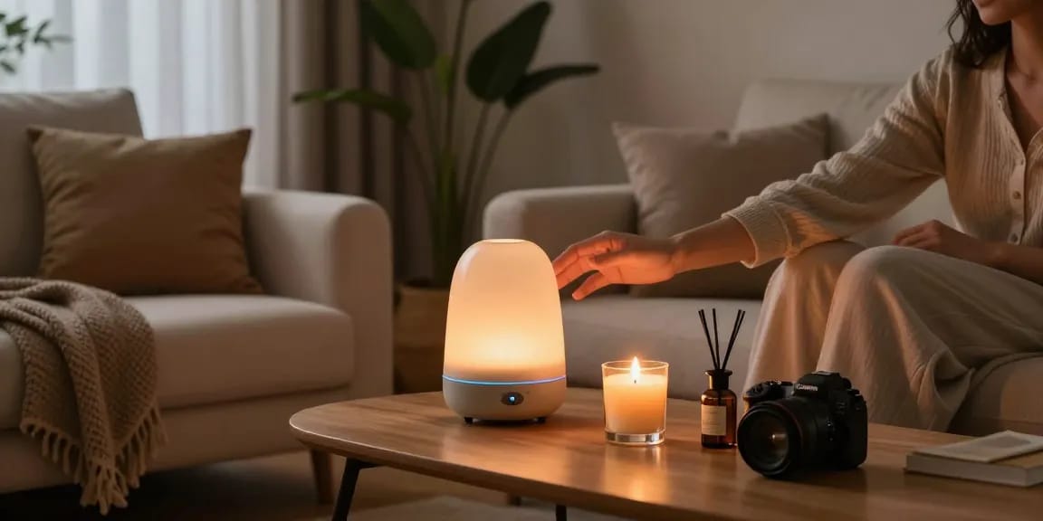 Scented Candles and Diffusers creating a cozy atmosphere in a stylish living room with warm candlelight.