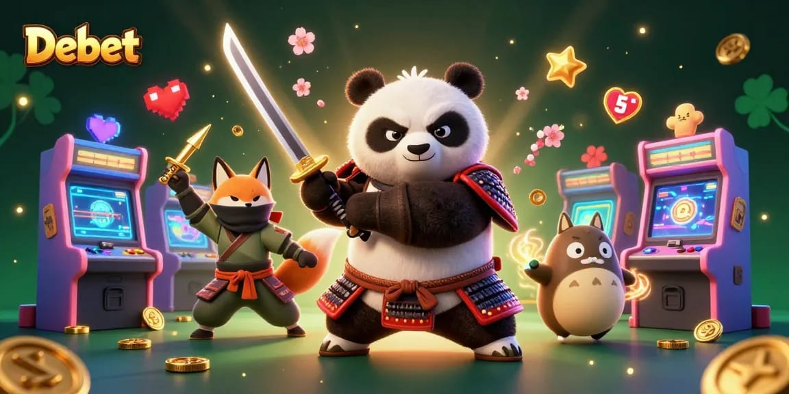 Engage with Debet's vibrant gaming world through a dynamic scene of cartoon characters and casino elements.