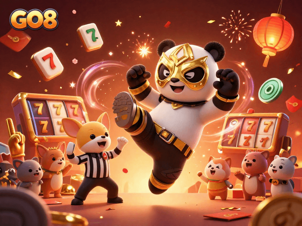 Engage with GO8 as the panda wrestler celebrates a jackpot win amid vibrant casino elements and excitement.