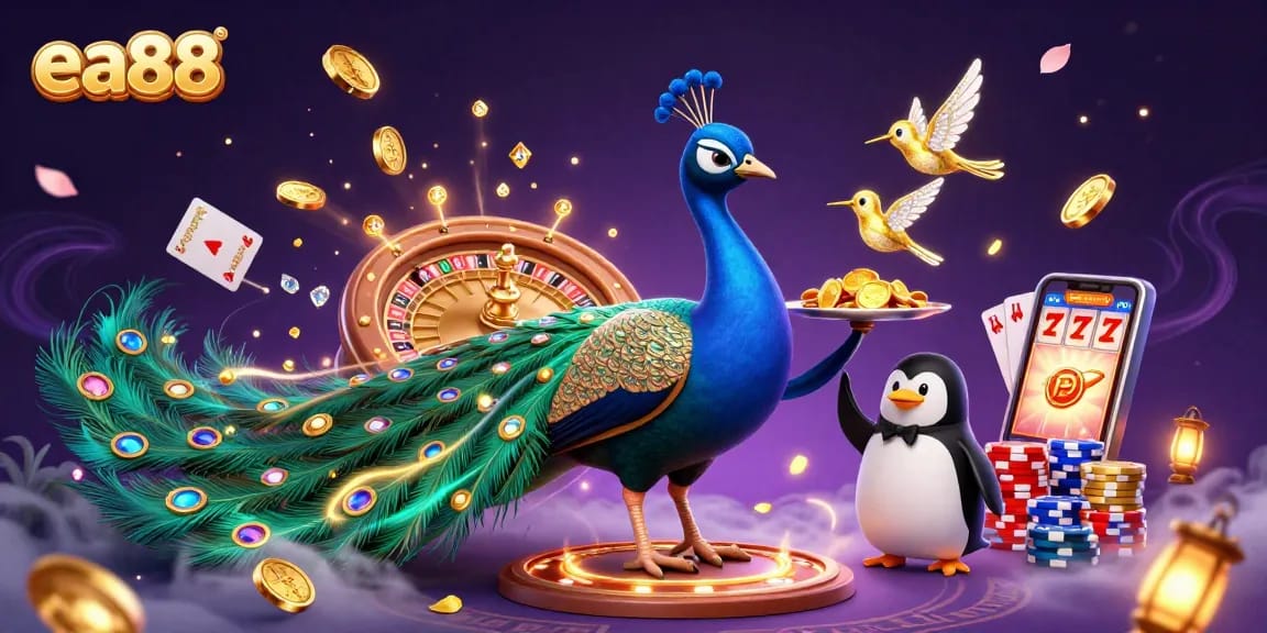 Experience thrilling gaming action with ea88, featuring a peacock, a penguin butler, and a hummingbird amidst golden coins.