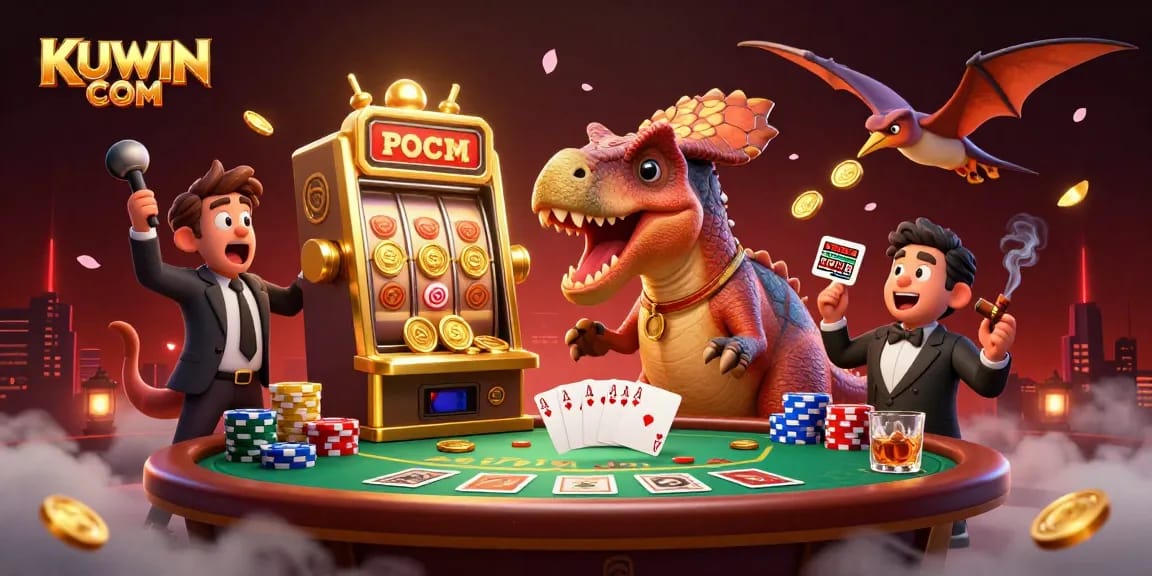 Experience thrilling action at KUWIN COM with a pachycephalosaurus jackpot slot and animated casino scenes.