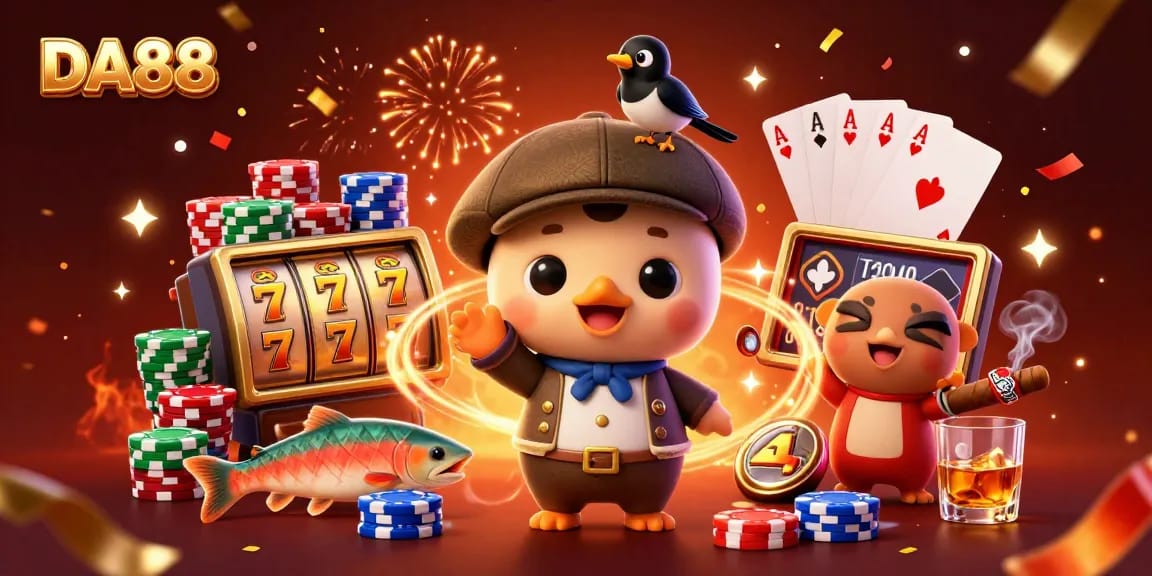 Experience thrilling slots and jackpots with DA88 in this vibrant 3D casino illustration.