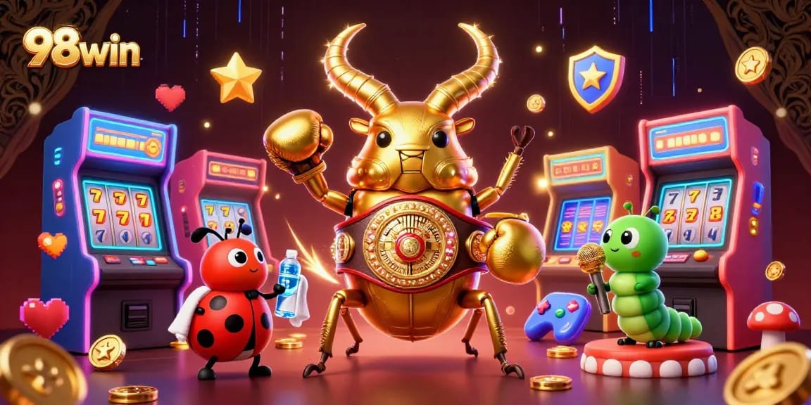 Engage in exciting gameplay with 98win through vibrant casino elements and animated characters.