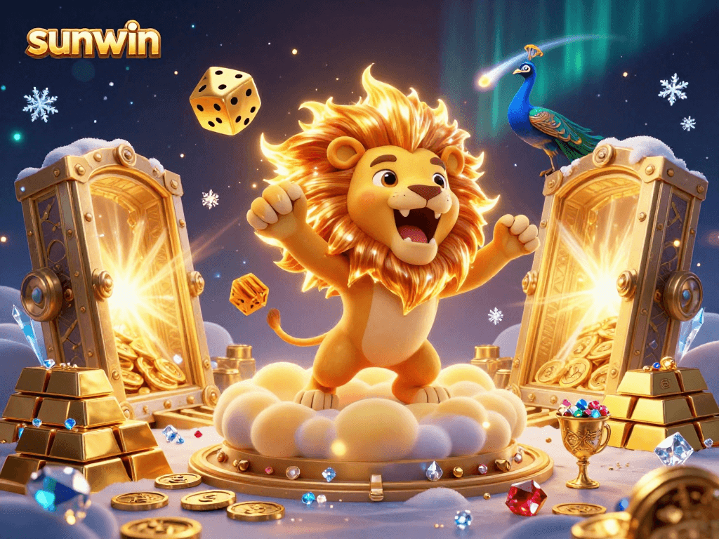 Join the sunwin adventure with a sun lion amidst dazzling casino treasures and golden dice!