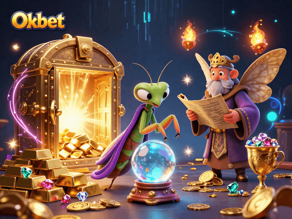 Oxbet showcases the vibrant world of gambling with fortune tellers and treasures in a dazzling 3D scene.