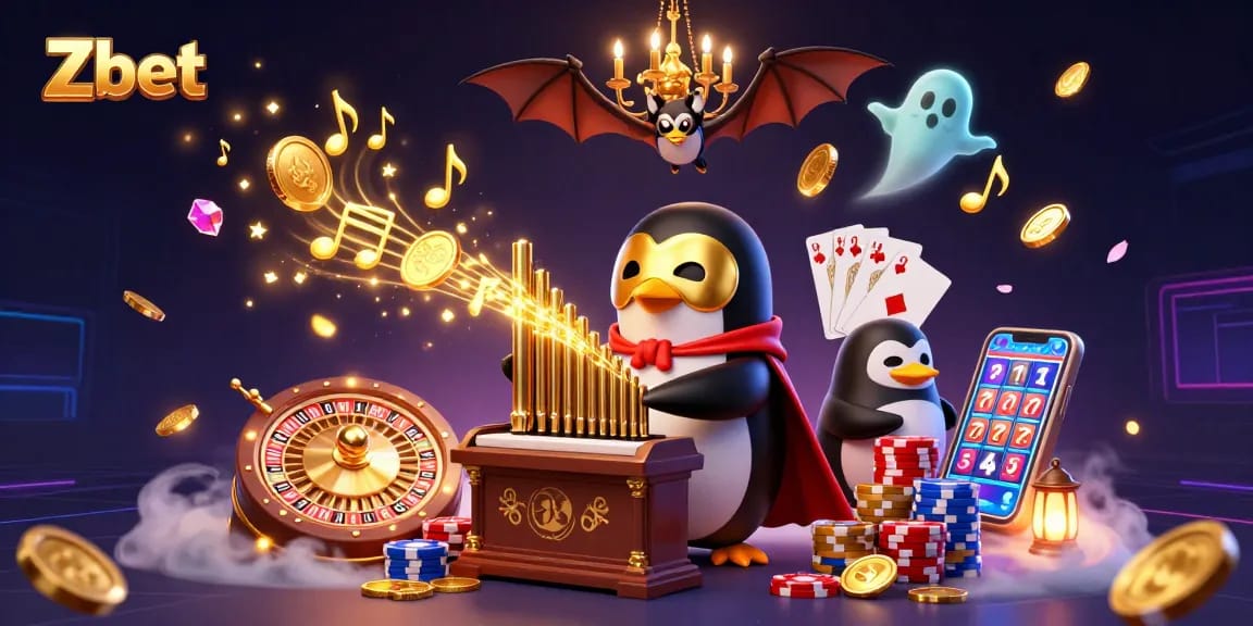 Zbet offers thrilling casino action with a unique fantasy twist featuring a penguin on a pipe organ and dynamic game elements.