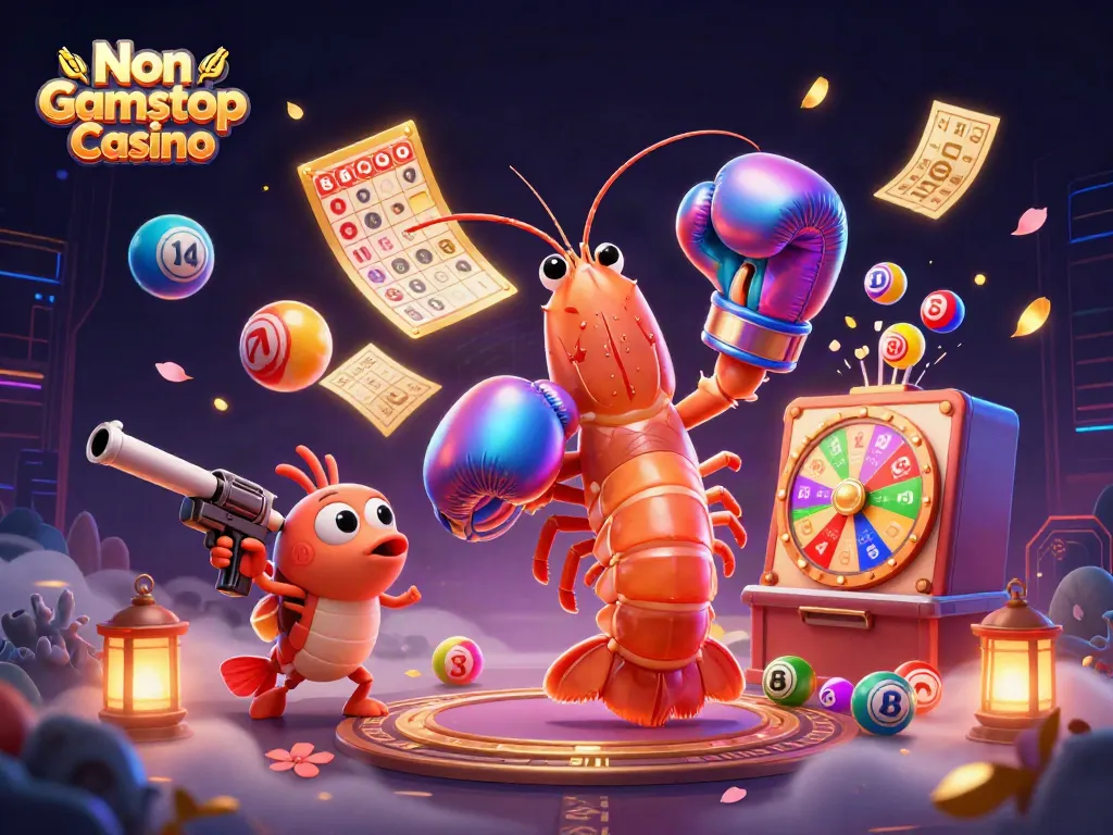 Immerse in the festive atmosphere of a Non Gamstop Casino, featuring vibrant game elements and lively characters.