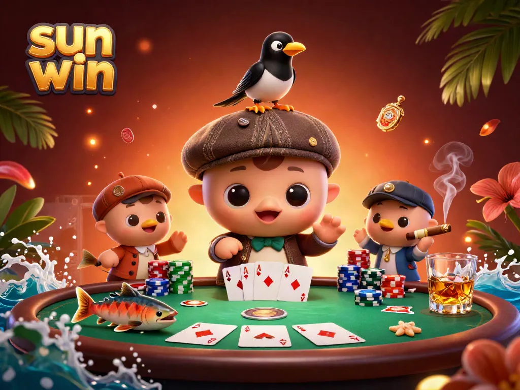 Engage with sun win at a colorful casino scene featuring playful characters and rich game elements.