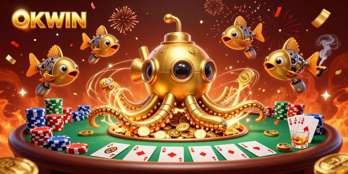 Experience thrilling wins with OKWIN's dynamic casino scene featuring a golden kraken and poker elements.