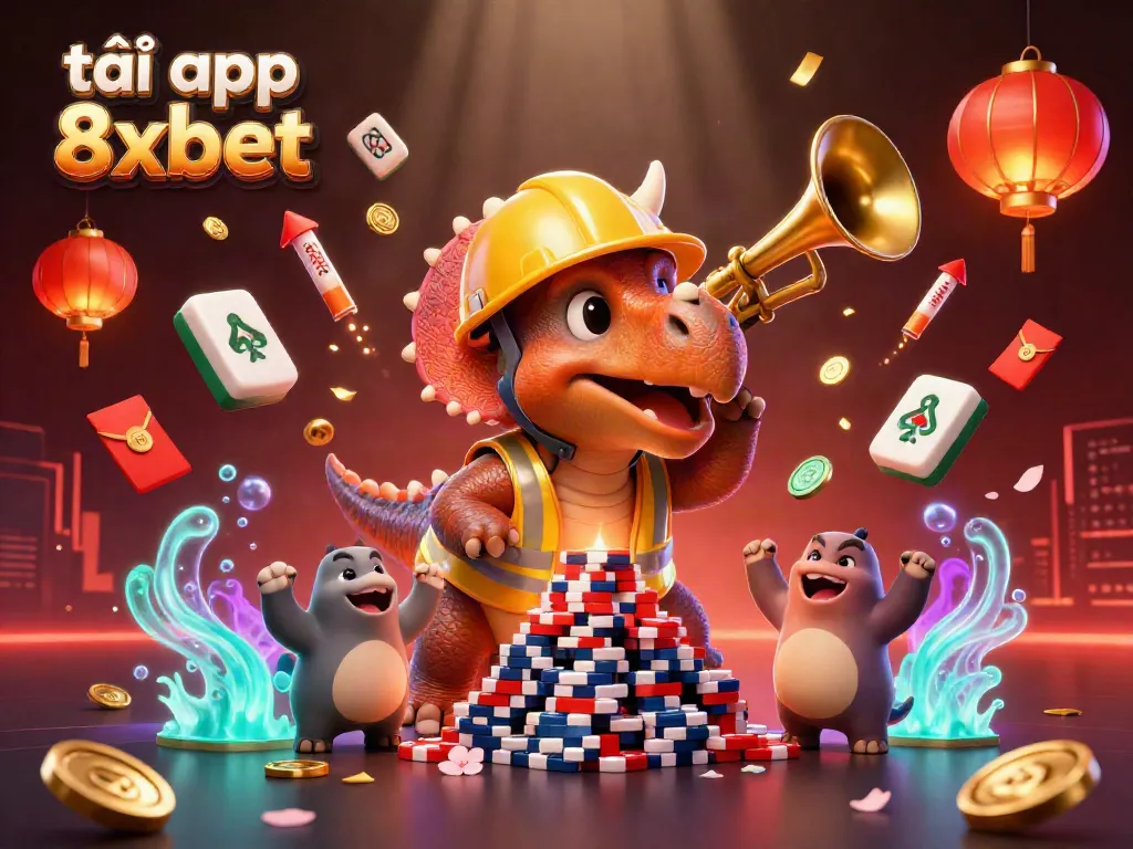 Engage with the vibrant world of tải app 8xbet through a dynamic illustration of mascot characters building poker chips.