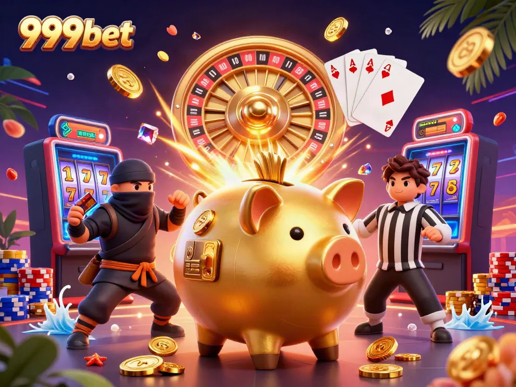 Experience exciting gameplay with 999bet, featuring a golden piggy bank sumo wrestler in action.