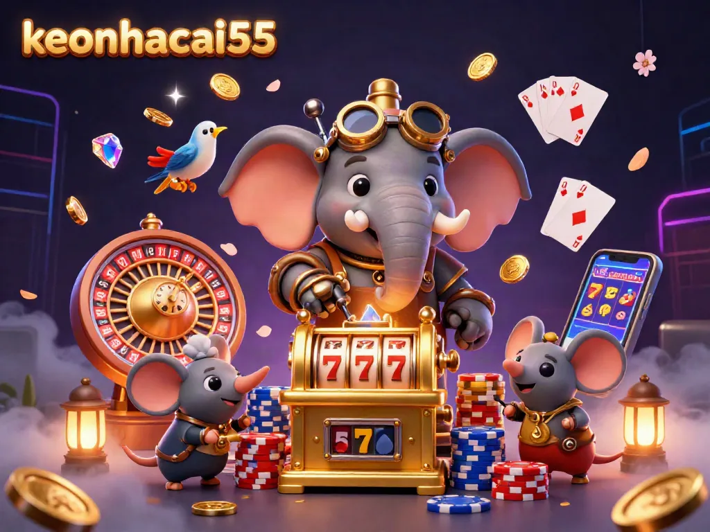 Engage with the thrilling world of keonhacai55 as a steampunk elephant operates a captivating slot machine, surrounded by dynamic casino elements.