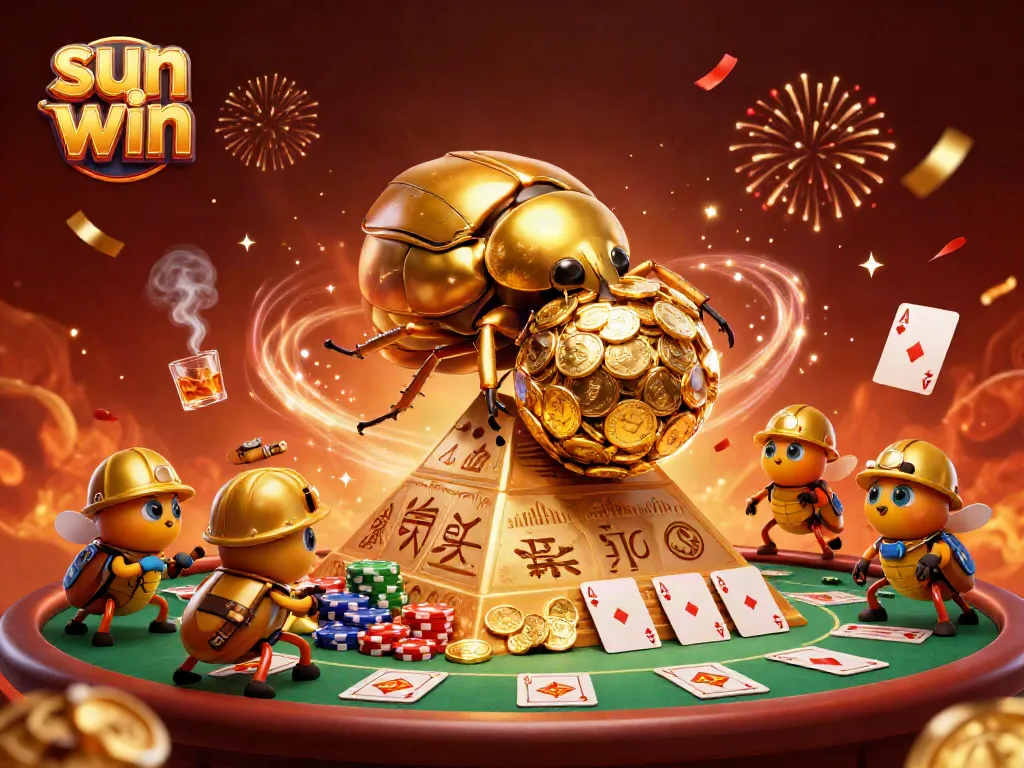 Experience the thrilling world of sun win as a golden dung beetle rolls coins at a vibrant casino.