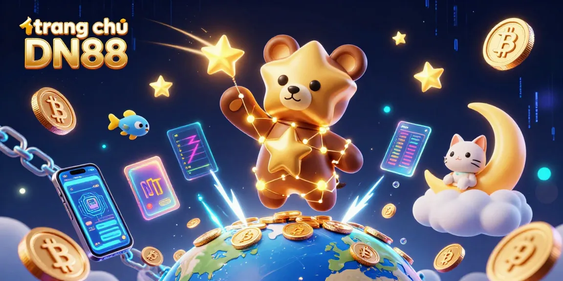 Win big at trang chủ DN88 with vibrant 3D casino elements showcasing golden stars, coins, and cryptocurrencies.