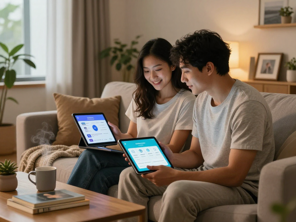 Couple exploring ai sex relationship apps in cozy home environment