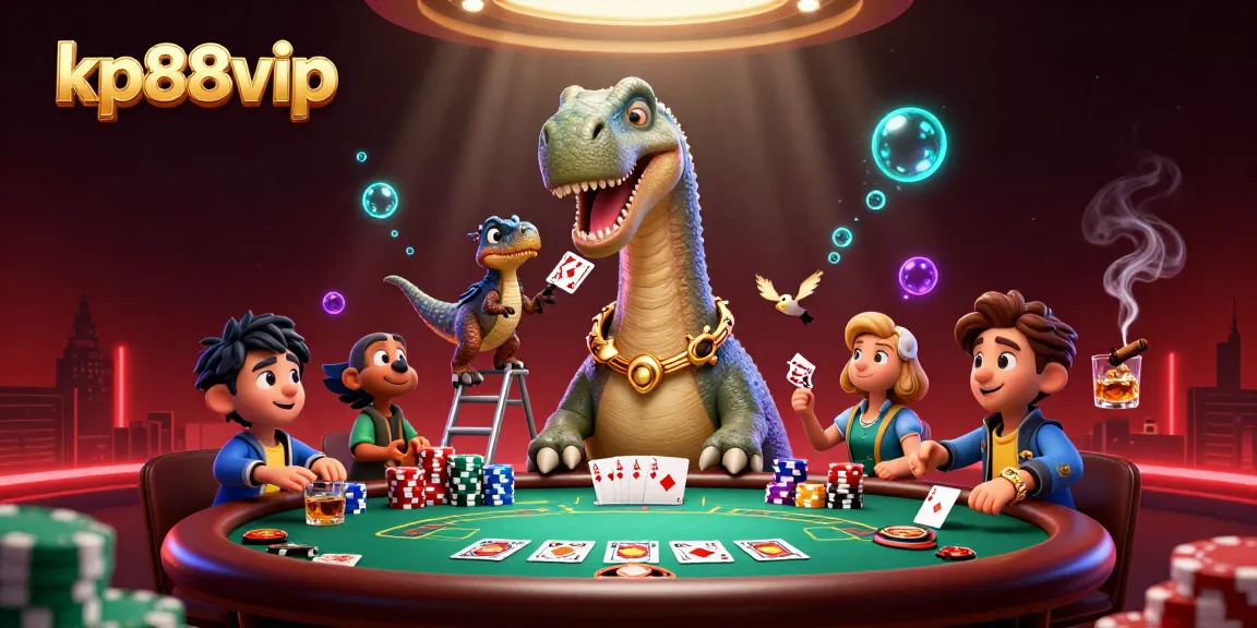 Experience the vibrant world of kp88vip with a dinosaur poker game, showcased in a rich 3D scene.