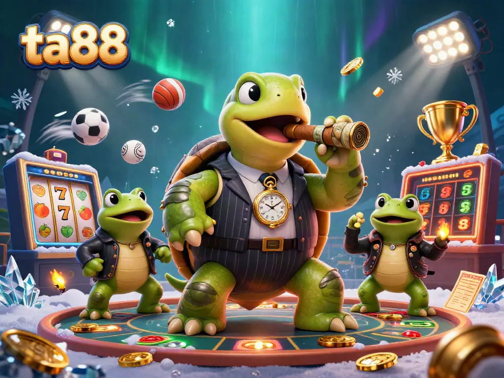 Experience the thrill of ta88 slots with a vibrant 3D casino scene featuring a charismatic turtle and dynamic gaming elements.