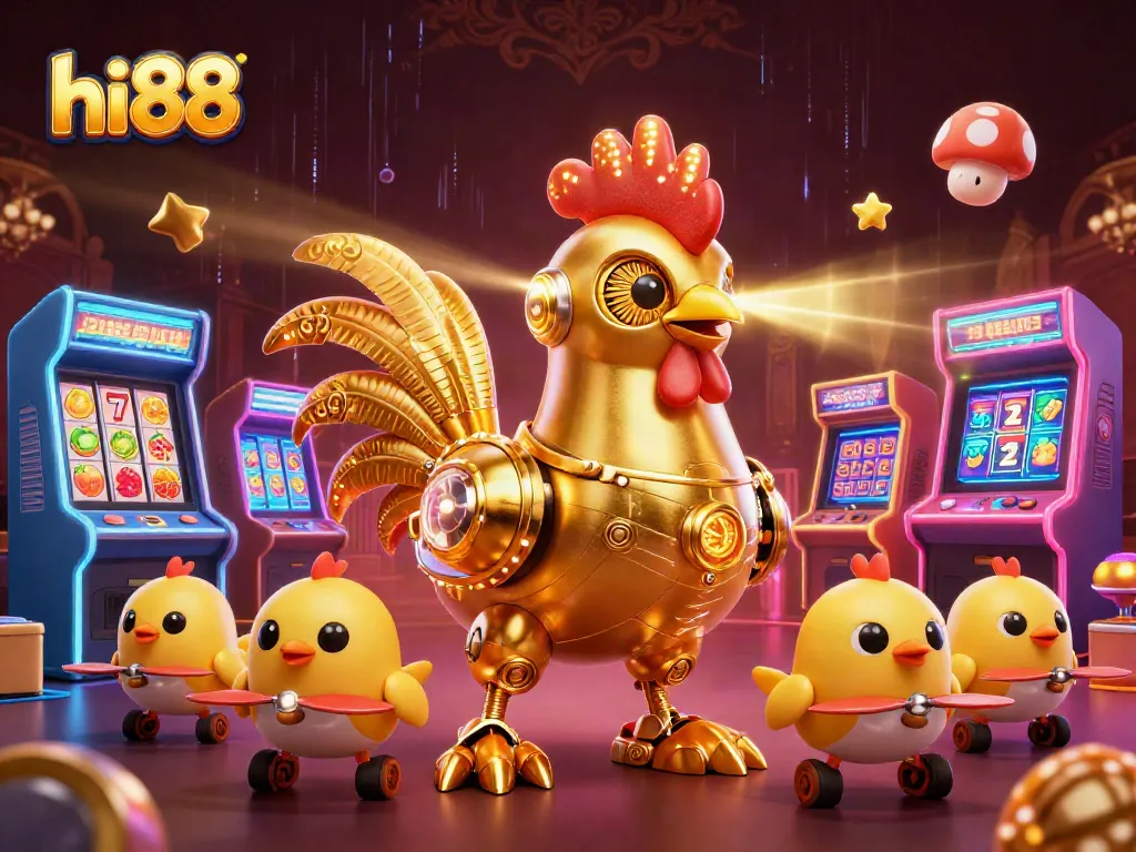Experience exciting wins at hi88 with a futuristic rooster robot shooting jackpots and engaging game elements.
