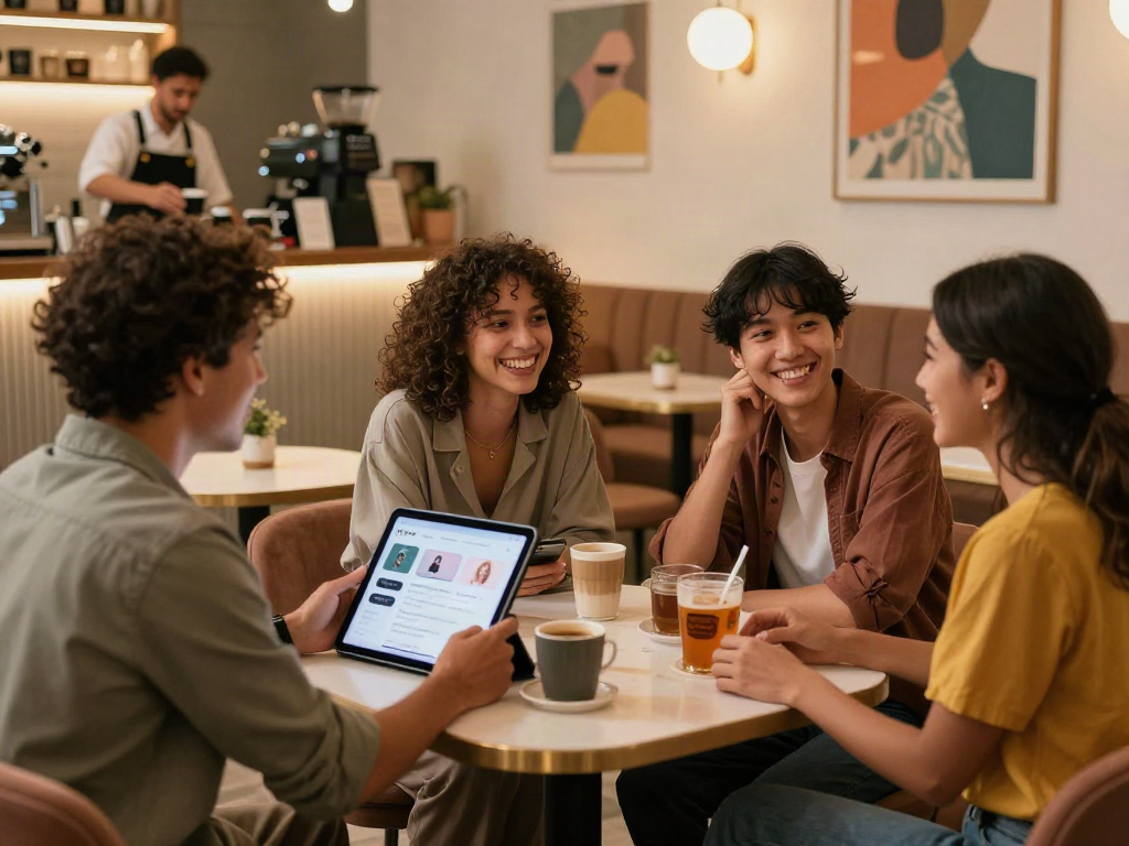 AI sex engagement in a modern lounge with diverse individuals connecting over AI-driven dating technology.