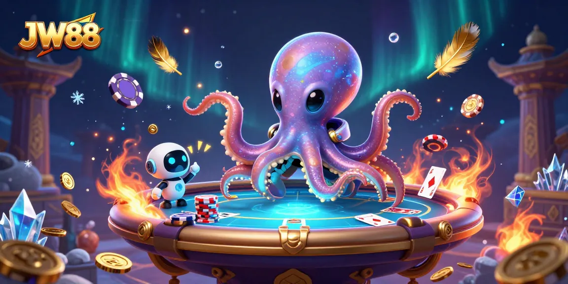 Engage in thrilling poker action at JW88 with a vibrant scene featuring an alien octopus and robot companion.