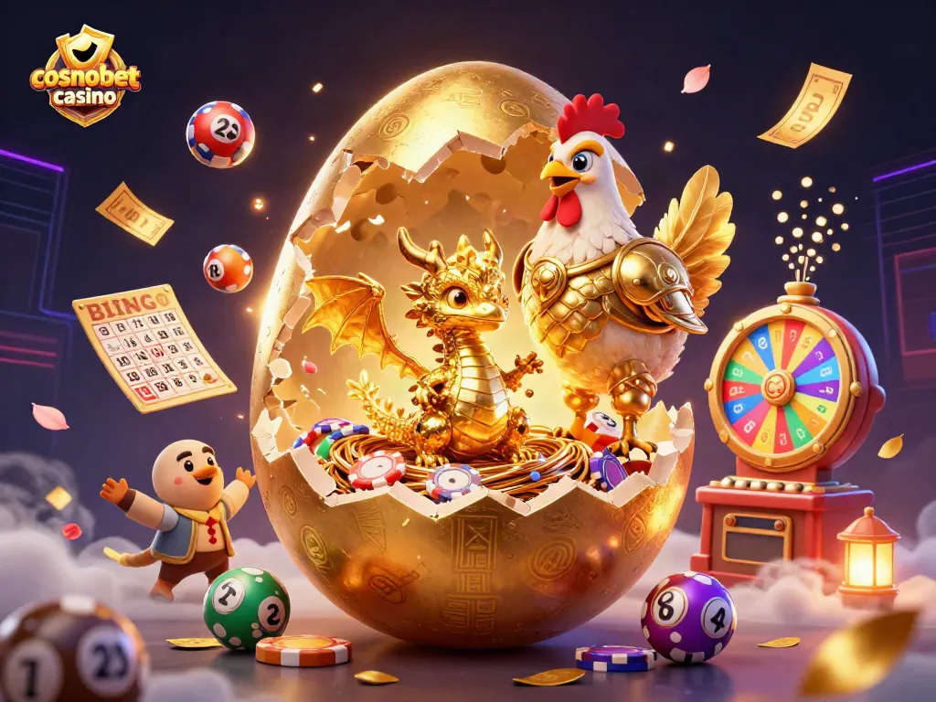 Experience the magic of cosmobet casino with a golden baby dragon, poker chips, and vibrant games.