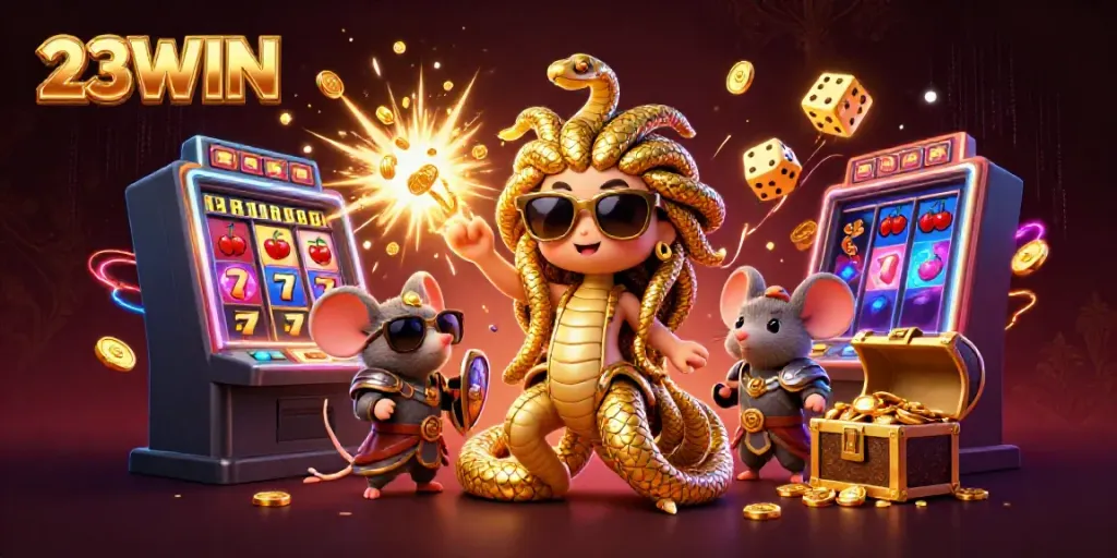 Win big with 23WIN's exciting slots, featuring Medusa and a warrior mouse in a vibrant casino scene.