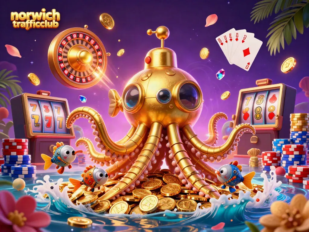 Experience thrilling moments with norwichtrafficclub's vibrant casino atmosphere featuring a golden kraken submarine surfacing through riches.