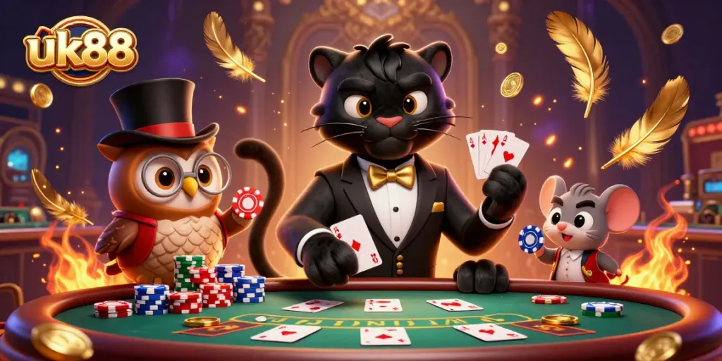 uk88 showcases a stylish black panther dealing cards at a vibrant casino table, engaging players.
