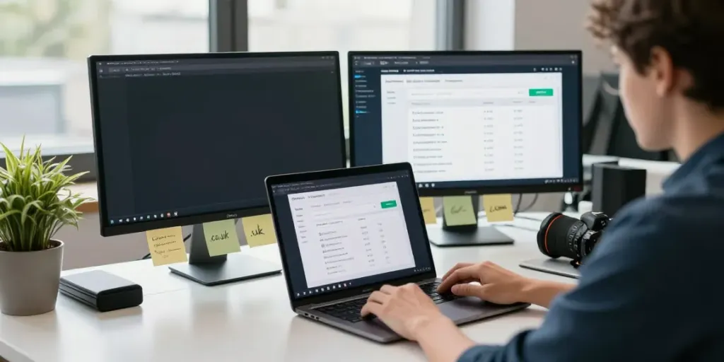 Focused on domain registration UK workspace with pricing comparison and search interface.