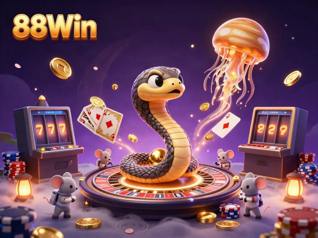 Experience thrilling bets at 88Win with an animated casino scene featuring playful characters and vibrant gaming elements.