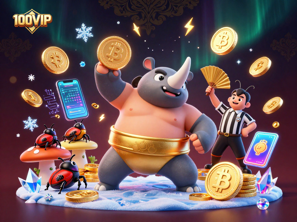 Watch the 100VIP sumo beetle champion stomp for coins in an exciting casino scene with crypto elements.