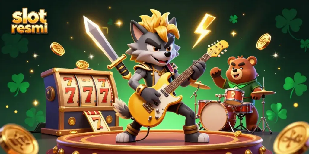 Engage with the thrilling world of slot resmi featuring vibrant characters, slot reels, and golden lightning in a rich casino scene.