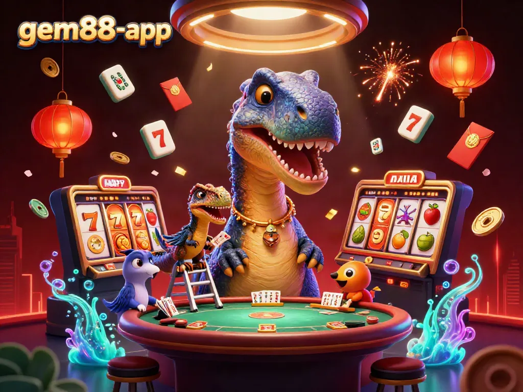 Engage in gaming excitement with gem88-app, featuring a towering brontosaurus and raptor dealer.