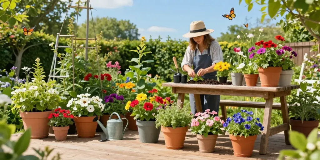 Discover https://idealistplanters.co.uk/ vibrant flower pots in a sunny garden scene.