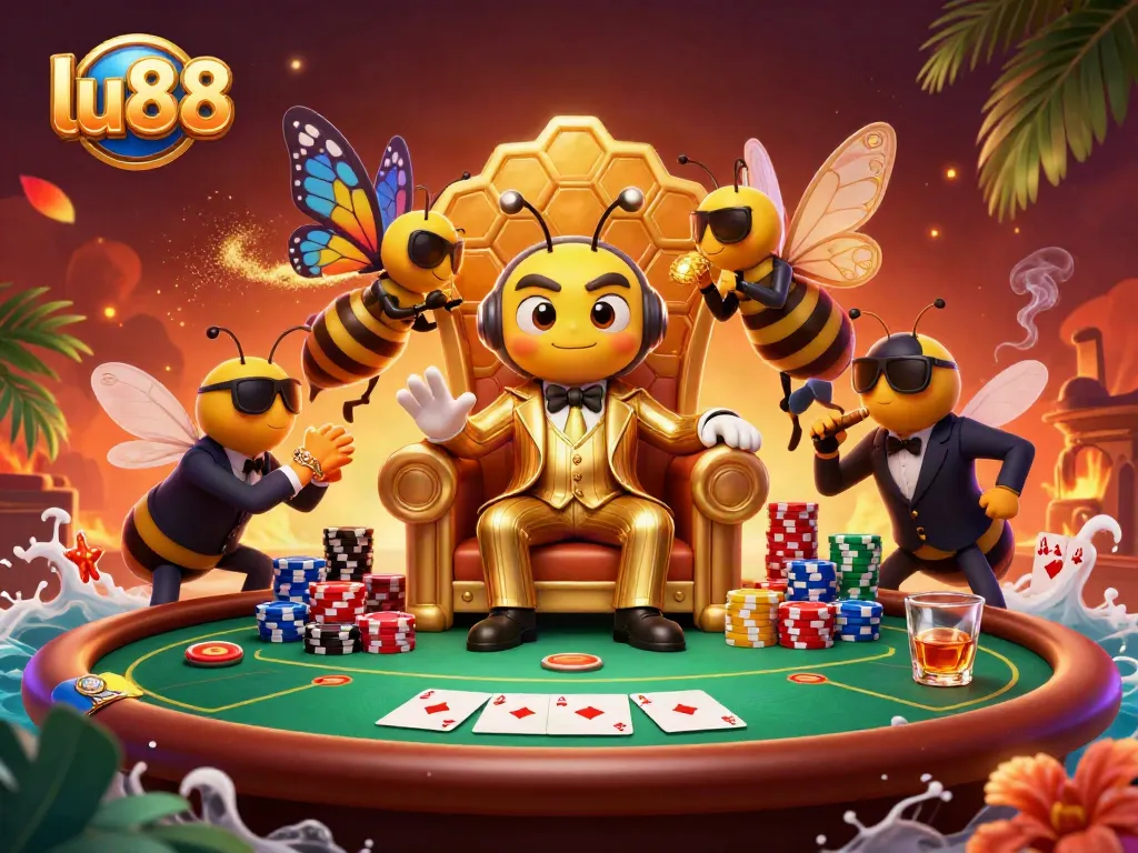 Engage with LU88's thrilling poker scene featuring a bumblebee mob boss and wasp bodyguards.