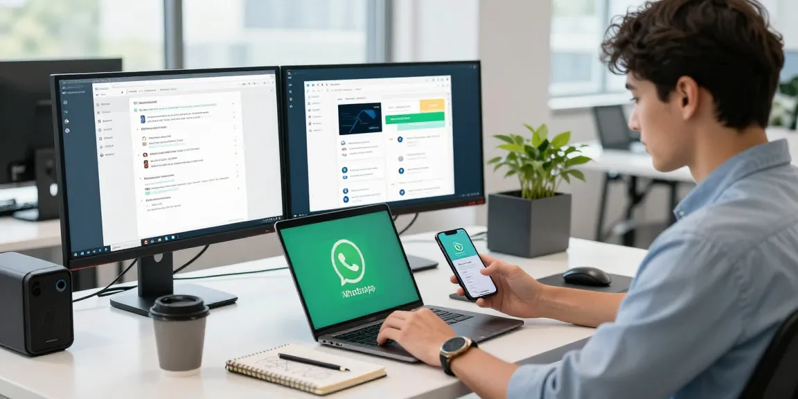 Professional using WhatsApp下載 on modern tech workspace