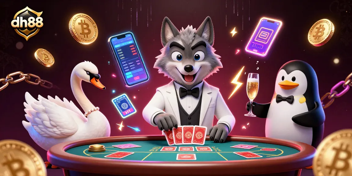 Join the action at dh88's baccarat table with a stylish wolf, swan, and penguin in a vibrant casino scene.