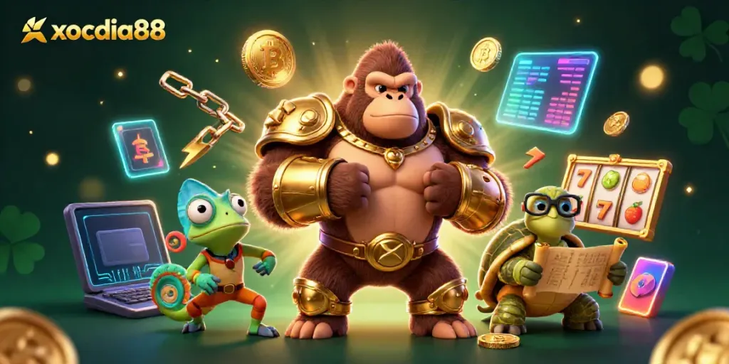 Xocdia88 showcases a thrilling 3D casino scene with vibrant game elements, colorful characters, and rich textures.