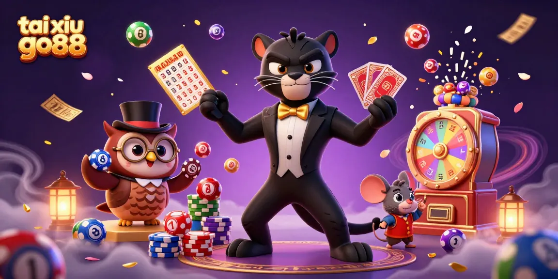 Tai xiu go88 captivating scene with a tuxedo panther dealing cards amidst vibrant lottery elements.