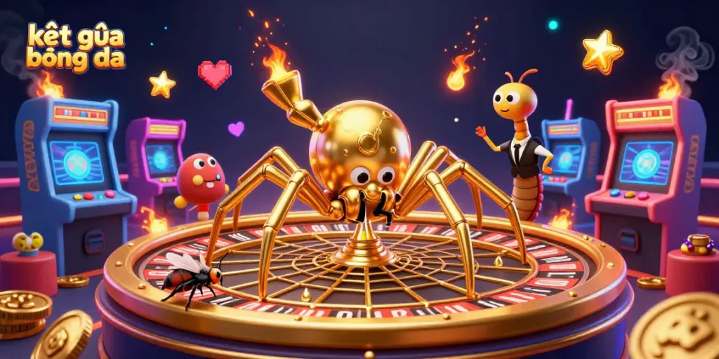 Engage in kết quả bóng đá with visuals of a golden spider spinning a roulette wheel web, showcasing an exciting gambling theme.