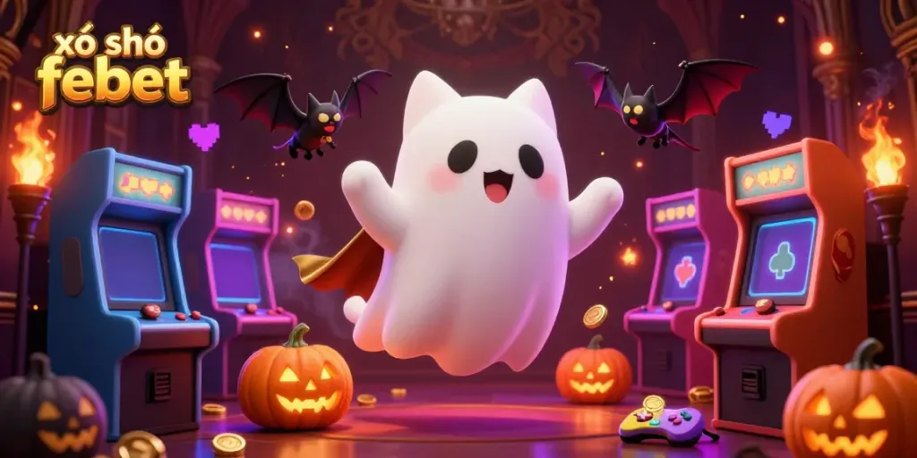 Engage with xổ số febet while enjoying a vibrant casino ambiance featuring a ghost cat, bat, and glowing pumpkins.