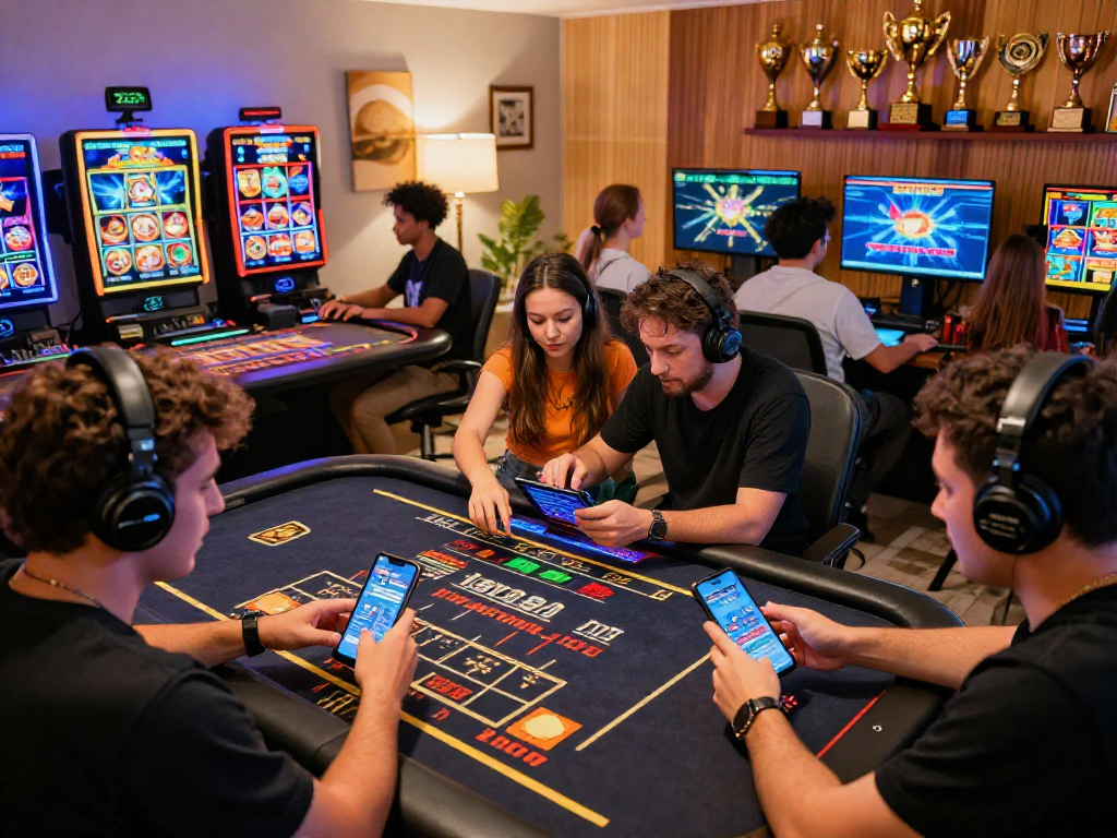 Exciting gaming scene at TK 1971 showcasing players enjoying online casino games on mobile devices in a lively environment.