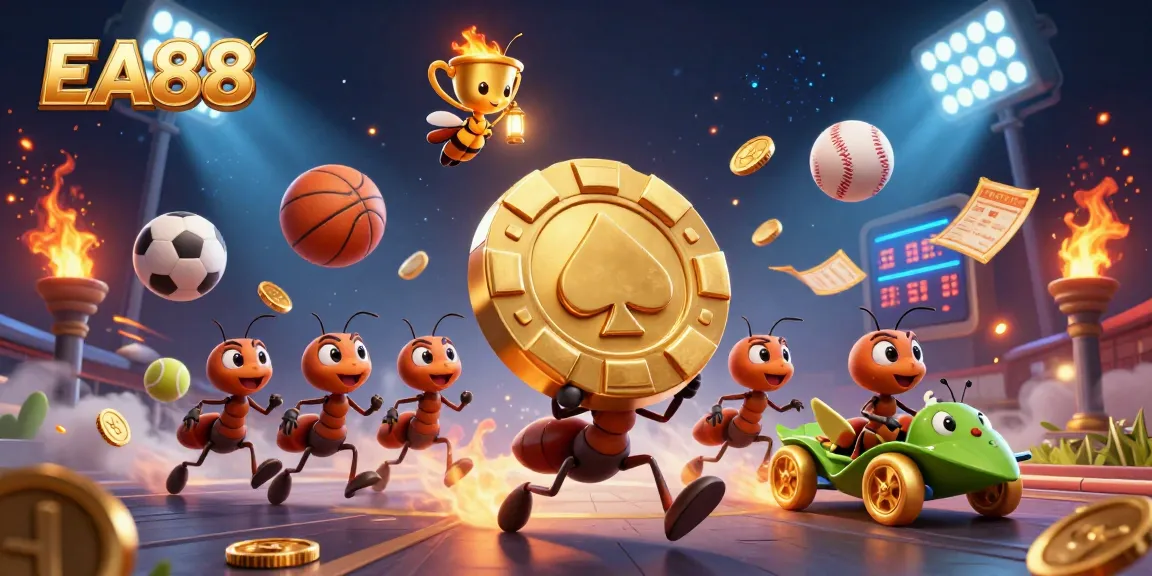 EA88 ants run a heist with a giant poker chip amid dynamic sports betting elements.