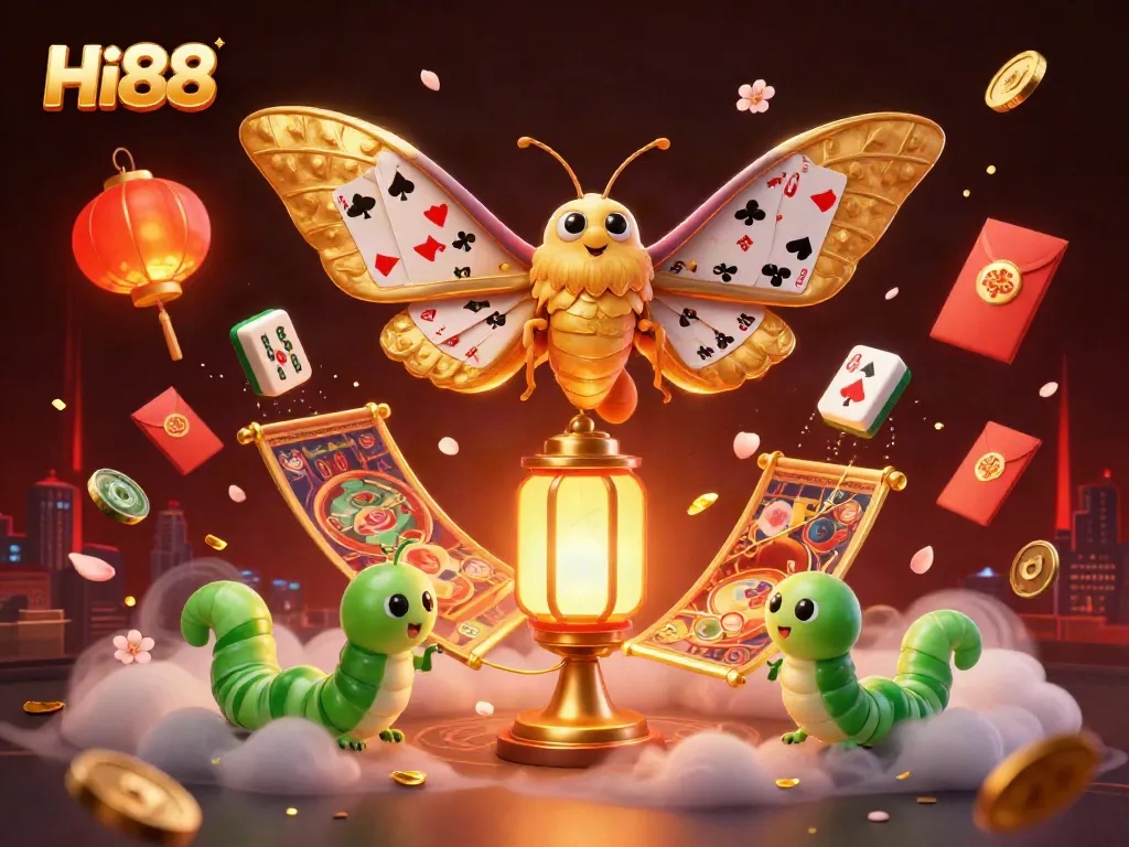 Hi88 captivates with a vibrant 3D illustration of a moth perched on a glowing lantern amid casino elements.